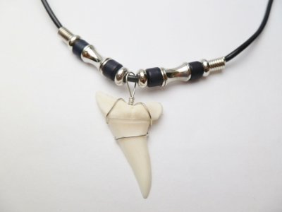 1-1/4" Mako Shark Teeth w/ 18" Black Beads Cord Necklace