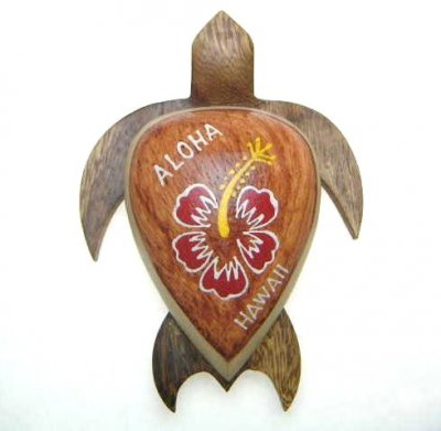 4" Wood Turtle Magnet w/ Painted RED Hibiscus Flower