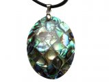40mm Oval Mosaic Paua Shell Pendant w/ Leather Cord Necklace
