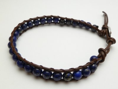 6mm Lapis Beads with Dark Brown Leather Bracelet