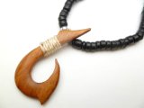 Wood Fish Hook w/ 18" Black Coconut & Wood Beads Necklace