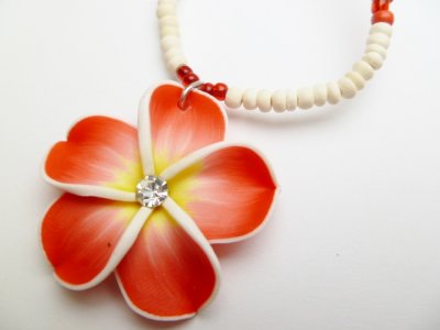 35mm Red Fimo Flower w/ C.Z. Stone w/ Natural Coco Bead Necklace