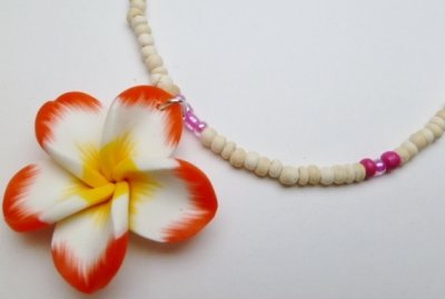 35mm Red Fimo Flower w/ Red Natural Coco Bead Necklace