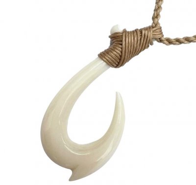 W225-Buffalo Bone Fish Hook w/ Adjustable Hemp Cord Necklace