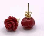 12mm Red Simulated Coral Rose 14K Gold Plated Post Earring