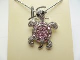 30mm Fashion Pink C.Z. Crystal Stone Turtle Pendant w/Ball Chain