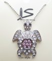 White & Light Pink Crystal Turtle Pendant w/ Ball Chain 18"