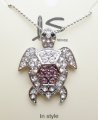 White & Hot Pink Crystal Turtle Pendant w/ Ball Chain 18"