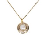 White Fresh Water Pearl w/ Clear Crystal Surrounded On Gold Tone