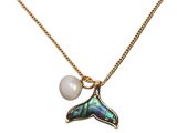 Abablone Shell Whale Tail w/ White Fresh Water w/ Pearl on Gold