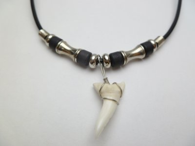 1" Mako Shark Teeth w/ Black Beads 18" Leather Cord Necklace