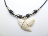 1-1/8" Tiger Shark Teeth w/ Black Beads 18" Leather Cord Necklac