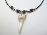 1-3/8" Mako Shark Teeth w/ Black Beads 18" Leather Cord Necklace