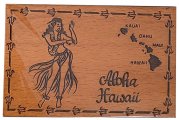 "Aloha, Hawaii" Hula Dancer & Island Map Wood Stamped Magnet