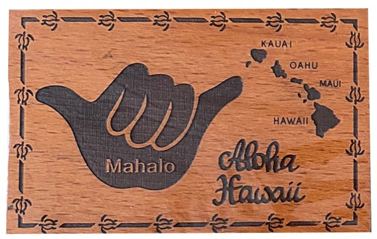 "Aloha, Hawaii" Shaka & Island Map Wood Stamped Magnet - Click Image to Close