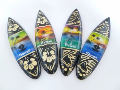 "Hawaii" Airbrushed 12cm Assorted Wood Craved Surfboard Magnet