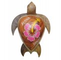 4" Wood Turtle Magnet with Painted PINK Hibiscus Flower