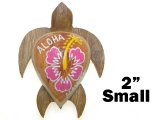 "Hawaii" - 2" Wood Turtle Magnet w/ Painted PINK Hibiscus Flower