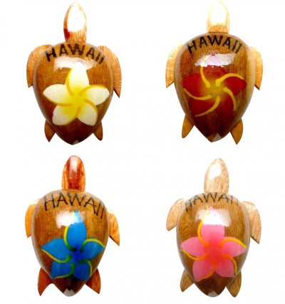 "Hawaii"- 2" Assorted Colors Plumeria Wood Turtle Magnet