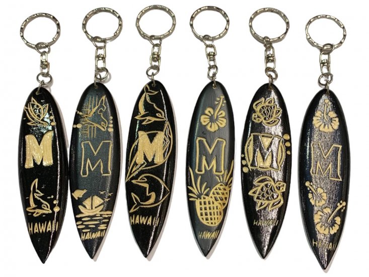 "M", Assorted 12cm Wood Craved Surfboard Keychain - Click Image to Close