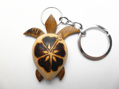 "Maui", 2" Burned Wood Turtle w/ Hibiscus Keychain