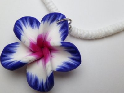 Purple & White Fimo Flower w/ 18" Clam Shell Necklace