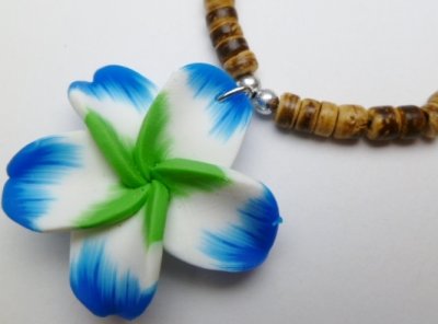 Blue & Green Fimo Flower w/ 18" Coconut Beads Necklace