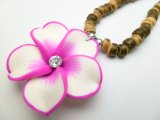 Pink & White Fimo Flower w/ 18" Coconut Beads Necklace