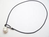 16mm White Fresh Water Pearl on Black Leather Necklace 18"​