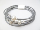 Fresh Water Pearl on Grey Leather w/ Magnetic Clasp