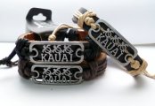 "Kauai" Triple Turtle Metal Plaque Genuine Leather ID Bracelet