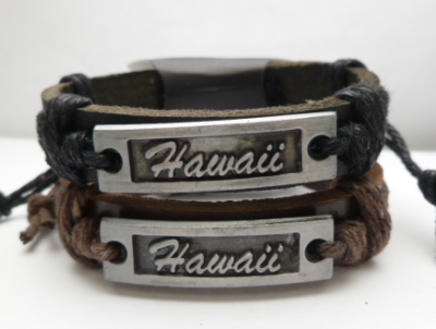 "Hawaii" Metal Plaque Genuine Leather ID Bracelet