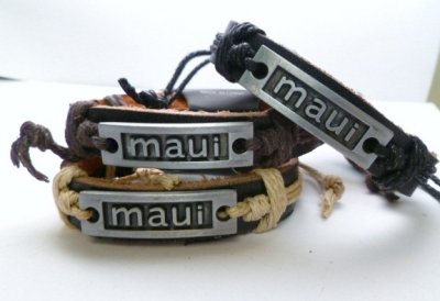 "Maui" Metal Plaque Genuine Leather ID Bracelet