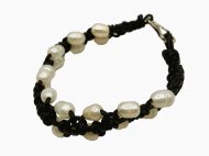 DCI-White Fresh Water Pearl in Braided Black Leather Bracelet