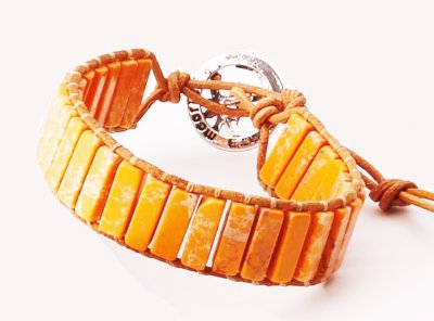 Orange Howlite Stone w/ Natural Leather Warp Bracelet