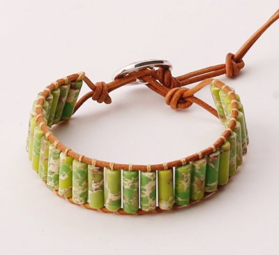 Green Howlite Stone Tube w/ Natural Leather Warp Bracelet