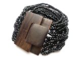 Wood Buckle Bracelet w/Black Stretchable Multi-Strands Sea Bead