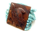 Wood Turtle Buckle w/Turquoise Stretchable MultiStrands Sea Bead