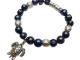 10mm Black Fresh Water Pearl w/ Turtle Metal Pendant Bracelet