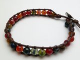 Multi-Color Agate Beads with Dark Brown Leather Bracelet