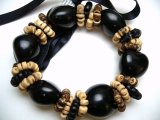 Polished Black Kukui Nut Stretchy Bracelet w/ Coco Bead Rings