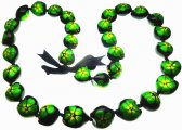 Green Hibiscus Handpainted on Polished Black Kukui Nut Lei 32"