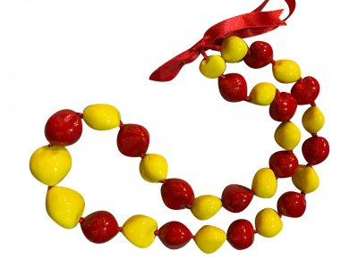Maroon & Yellow Color Painted Polished Kukui Nut Lei 32"