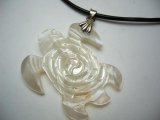 35mm White MOP Turtle Pendant w/ 2mm Leather Cord Necklace 16"