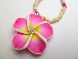 35mm Pink Fimo Flower w/ C.Z. Stone w/Natural Coco Bead Necklace