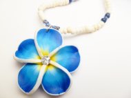 35mm Blue Fimo Flower w/C.Z.Stone w/ Natural Coco Bead Necklace