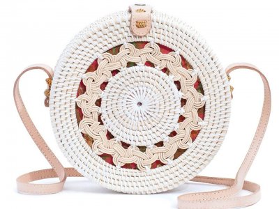 Handwoven Natural Round Rattan Straw Handbag Purse Crossbody Bag