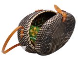 Handwoven Black & Natural Oval Rattan Handbag w/ Brown Strap