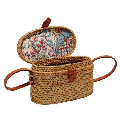 Handwoven Natural Oval Cylinder Rattan Straw Handbag Purse Cross