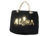 "Aloha" Pineapple Gold Sequin Black Beach Tote Bag w/ Zipper